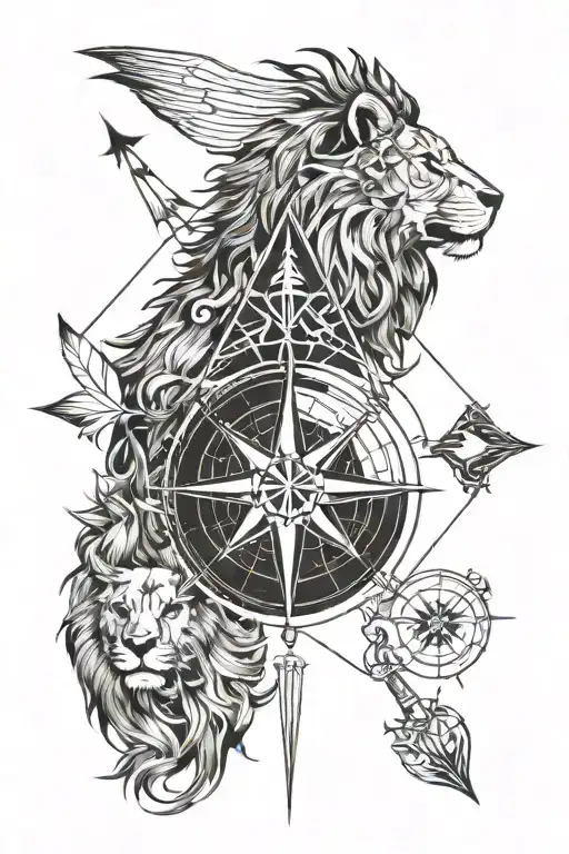 compass, Phoenix bird, arrow, cross, lion zodiac sign, twins zodiac sign tattoo design idea