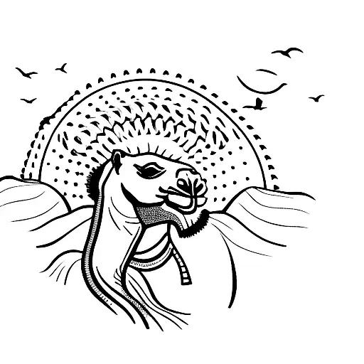 camel on Sandy dunes a Sphinx is in the background tattoo design idea