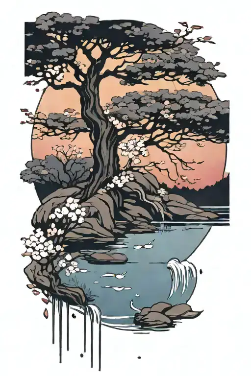 A sakura tree behind a pond with petals falling down in the sunset tattoo design idea