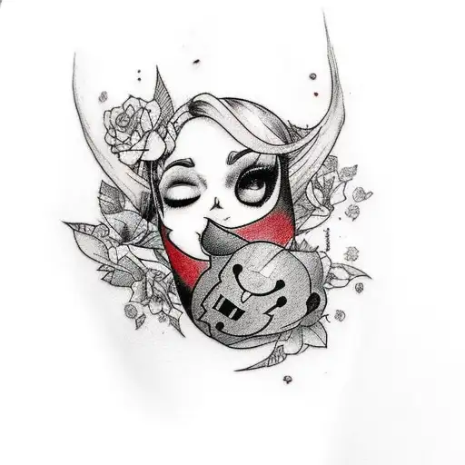 Thigh Harley quinn tattoos , no face if harely quinn with harely quinn colors and the quote,”Find What You Love & Let it tattoo design idea