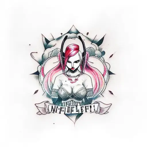 Thigh Harley quinn tattoos , no face if harely quinn with harely quinn colors and the quote,”Find What You Love & Let it tattoo design idea