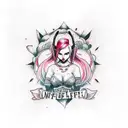 Thigh Harley quinn tattoos , no face if harely quinn with harely quinn colors and the quote,”Find What You Love & Let it tattoo design idea