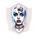 Thigh Harley quinn tattoos , no face if harely quinn with harely quinn colors and the quote,”Find What You Love & Let it tattoo design idea