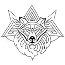 A minimalist tattoo featuring a black and purple wolf surrounded by a forest, with a Nordic wind rose in the background. tattoo design idea