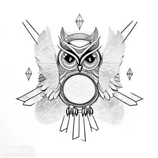 Tattoo design of an owl perched on a katana on Craiyon