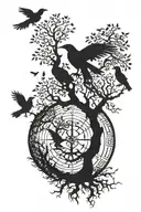 tree of life surrounded by ravens Huginn and Muninn tattoo design idea