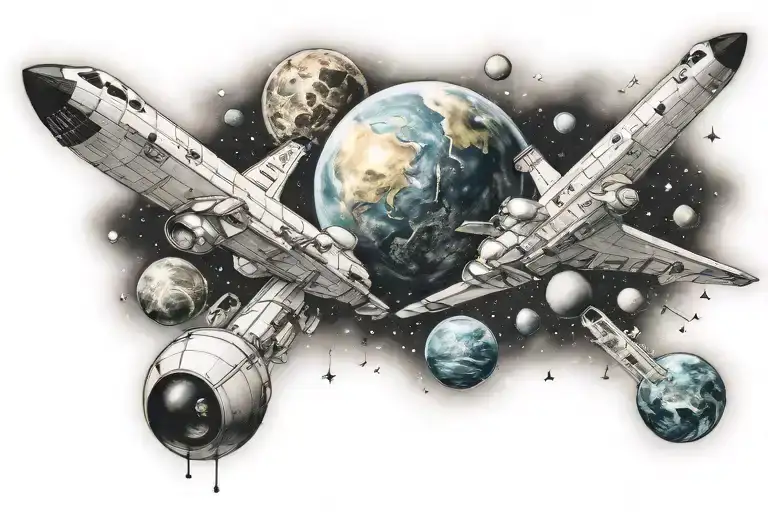 space galaxy satellites shuttle planets tattoo design idea