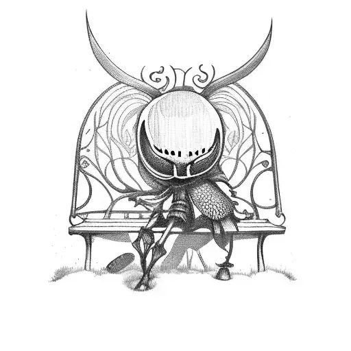 hollow knight on a bench with botanics background tattoo design idea