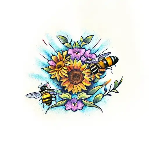  honeybees sunflowers colorful tattoo design idea