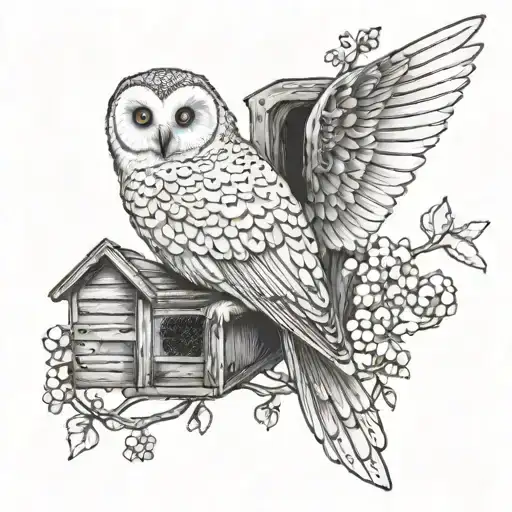 A snow owl perched on a tree branch with a beehive attached to the branch and a single bee coming out of the hive tattoo design idea
