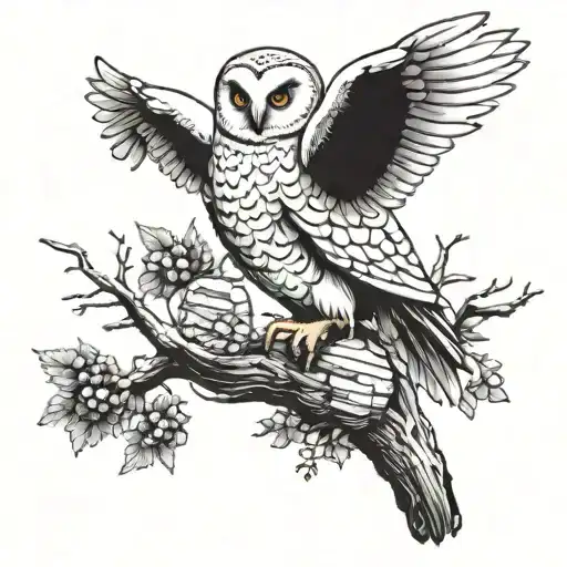 A snow owl perched on a tree branch with a beehive attached to the branch and a single bee coming out of the hive tattoo design idea