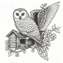 A snow owl perched on a tree branch with a beehive attached to the branch and a single bee coming out of the hive tattoo design idea