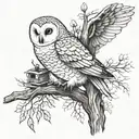 A snow owl perched on a tree branch with a beehive attached to the branch and a single bee coming out of the hive tattoo design idea
