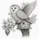 A snow owl perched on a tree branch with a beehive attached to the branch and a single bee coming out of the hive tattoo design idea