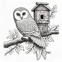 A snow owl perched on a tree branch with a beehive attached to the branch and a single bee coming out of the hive tattoo design idea