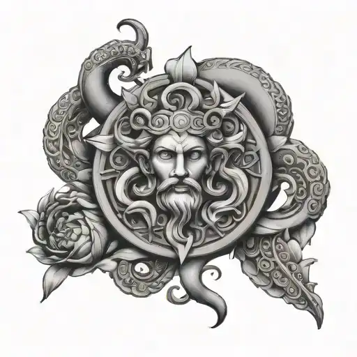 Asclepius staff with lotus flower and Aries zodiac sign tattoo design idea