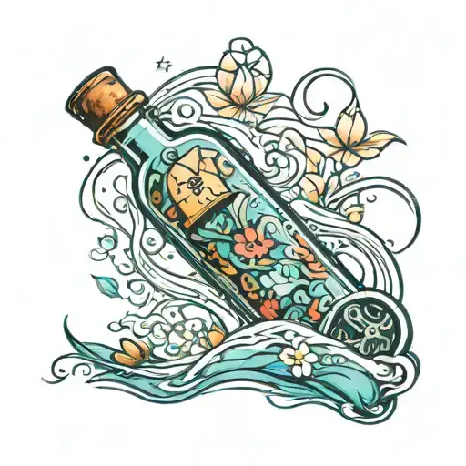 message in a bottle floating tattoo design idea