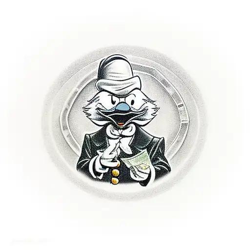 Scrooge McDuck driving a 1967 Mustang, holding a stack of money. tattoo design idea