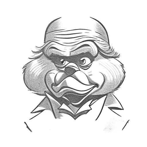 Scrooge McDuck driving a 1967 Mustang, holding a stack of money. tattoo design idea