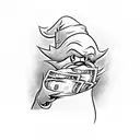 Scrooge McDuck driving a 1967 Mustang, holding a stack of money. tattoo design idea