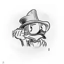 Scrooge McDuck driving a 1967 Mustang, holding a stack of money. tattoo design idea