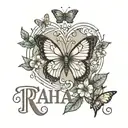 A minimal tattoo design with the name Raha and some butterflies next to it tattoo design idea