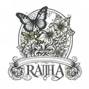 A minimal tattoo design with the name Raha and some butterflies next to it tattoo design idea