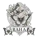 A minimal tattoo design with the name Raha and some butterflies next to it tattoo design idea
