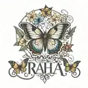 A minimal tattoo design with the name Raha and some butterflies next to it tattoo design idea