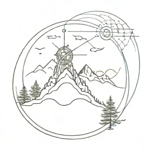 A minimalist tattoo of a time-travel machine with a mountain landscape inside, inspired by the client's love for time travel stories and mountains tattoo design idea