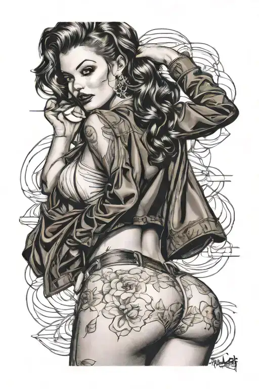 pinup girl topless in thong tattoo design idea
