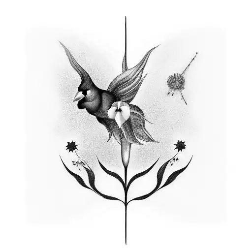 A black-grey tattoo showcasing a cosmic scene with a cardinal flying amidst swirling purple flowers, white Calla Lilly, sunflower, and cosmos, with the date 10.12.23 subtly incorporated in the stars tattoo design idea