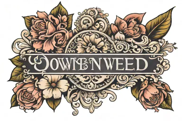 The word Owned but made to look regal and feminine with flowers tattoo design idea
