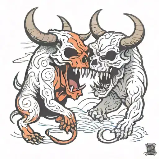 fight bear vs bull skull tattoo design idea