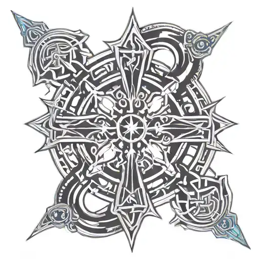 make a pagan tatto with a cross a kolovrat and some celtic rings and decoration tattoo design idea