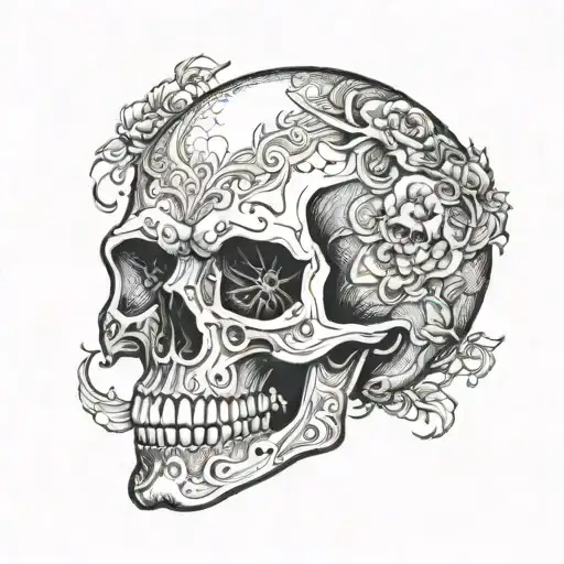 skull with no lower jaw looking straight ahead, basic stippling shading tattoo design idea