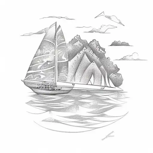 A unique tattoo design showcasing a group of people enjoying a sunny day on a sailboat, surrounded by crystal clear waters and a tropical island in the background. tattoo design idea
