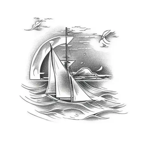 A forear tattoo design showcasing a sunny day with a sailboat facing forward, surrounded by crystal clear waters and a tattoo design idea