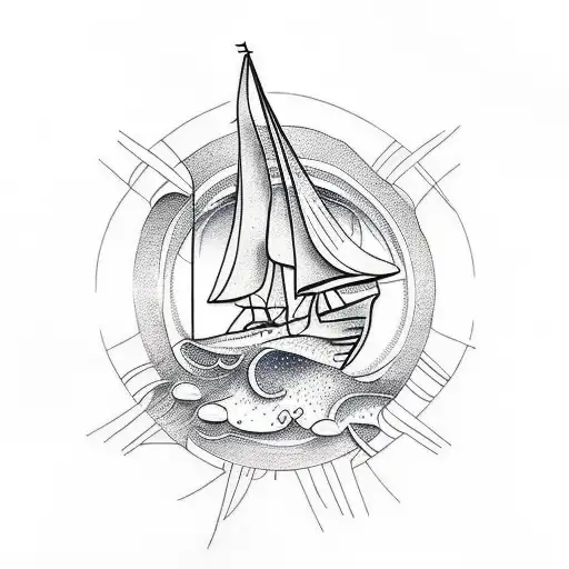 A unique tattoo design showcasing a a sunny day with a sailboat facing forward, surrounded by crystal clear waters and a tattoo design idea