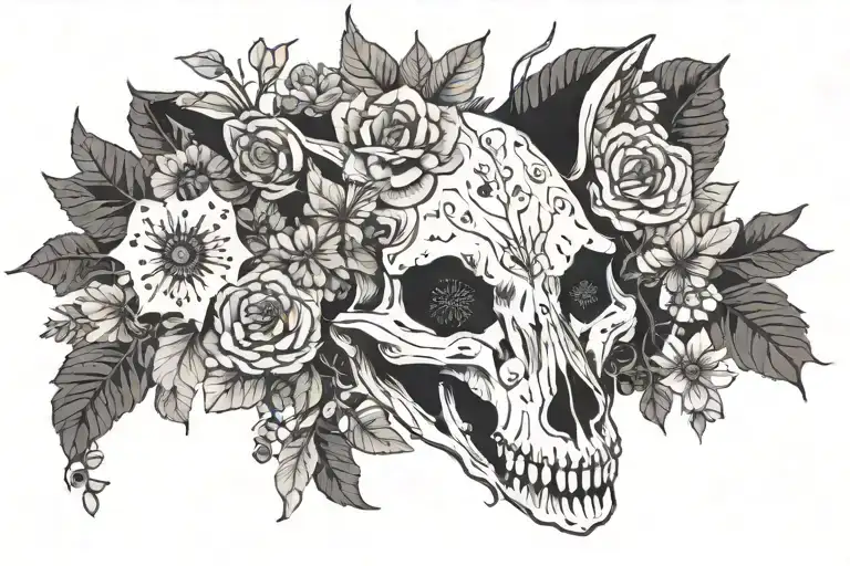 coyote skull with minimal flowers and beetles and moths for a sternum chest piece tattoo design idea