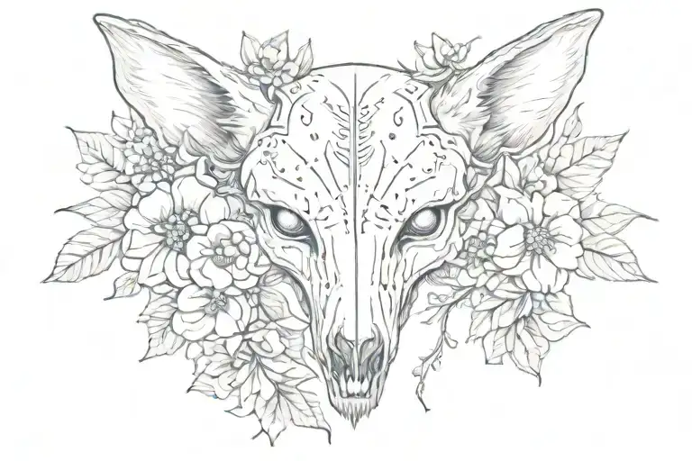coyote skull with minimal flowers and beetles and moths for a sternum chest piece tattoo design idea