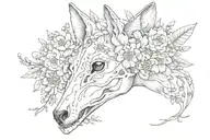 coyote skull with minimal flowers and beetles and moths for a sternum chest piece tattoo design idea