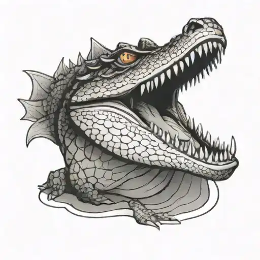 A crocodile wearing traditional Japanese armor engaged in MMA fighting tattoo design idea