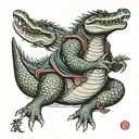 A crocodile wearing traditional Japanese armor engaged in MMA fighting tattoo design idea