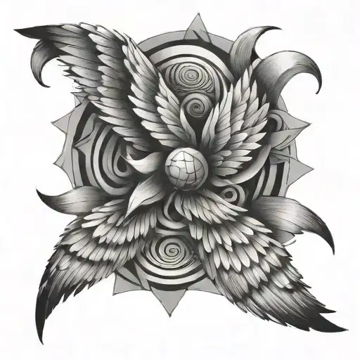 Wings around the elbow spiraling polygons tattoo design idea