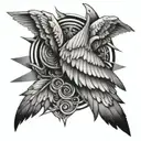 Wings around the elbow spiraling polygons tattoo design idea