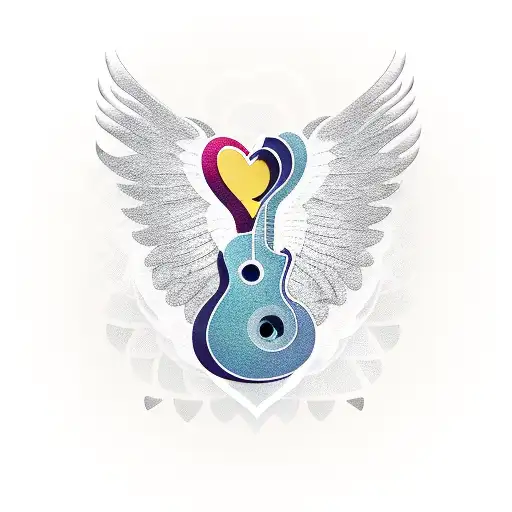A guitar with wings and a heart-shaped sound hole tattoo design idea