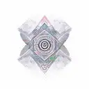 A binary code design incorporating symbols of karma, faith, and positive attitude intertwined with nature elements like mountains and trees tattoo design idea