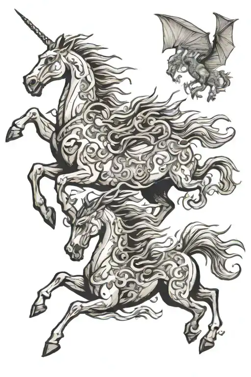 horses running and two dragons flying tattoo design idea
