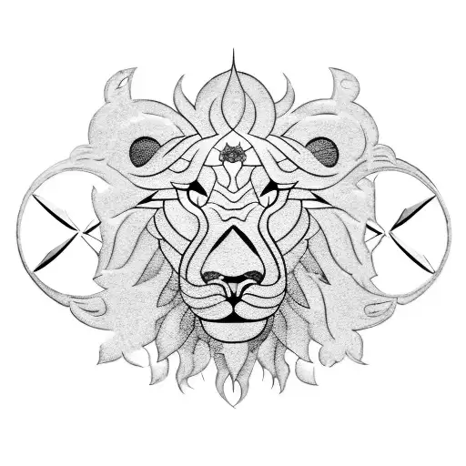 A blackwork tattoo of the head of a lion inside a shield surrounded by the logo's of qlimax, defqon, dominator, masters  tattoo design idea